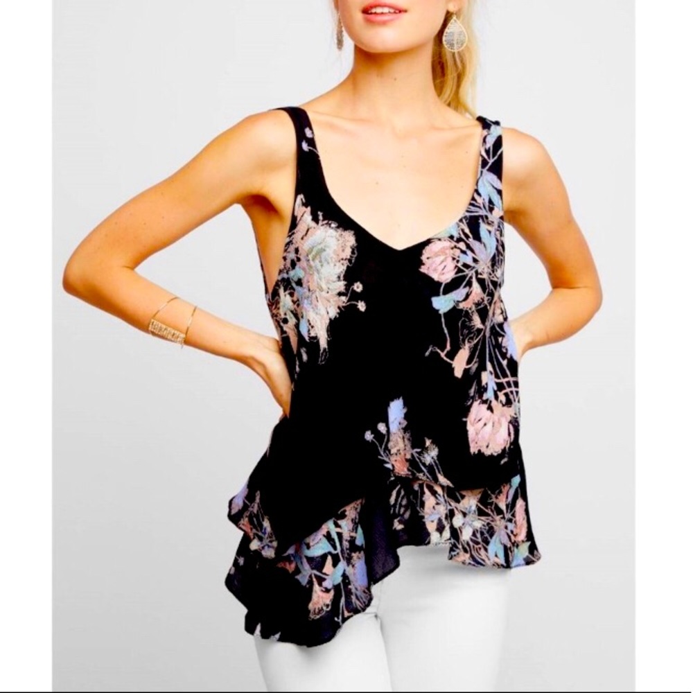 NWT Free People Black Floral Ruffle Tank Top